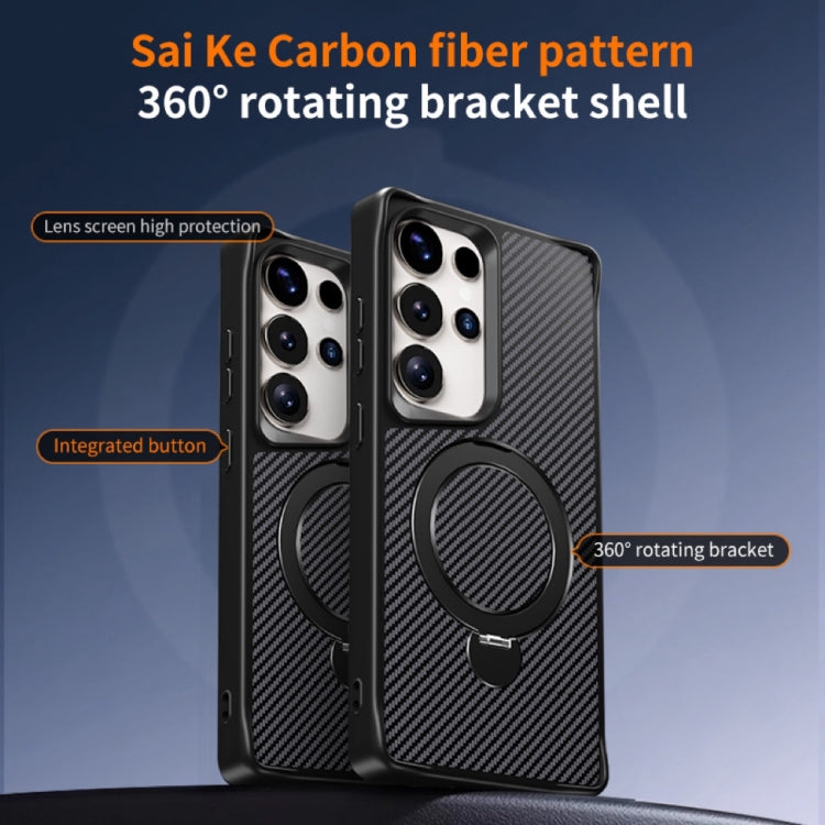 For Samsung Galaxy S25 Ultra 5G Carbon Fiber Texture 360 MagSafe Holder Phone Case(Black)