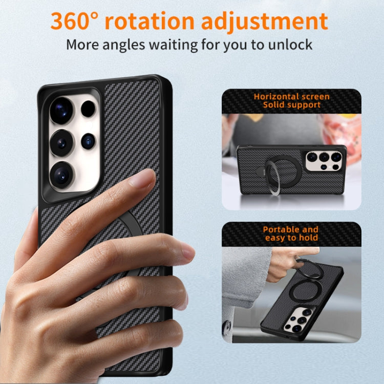 For Samsung Galaxy S25 Ultra 5G Carbon Fiber Texture 360 MagSafe Holder Phone Case(Black)