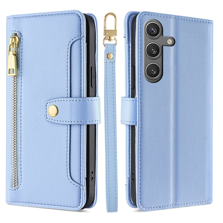 For Samsung Galaxy S25 5G Sheep Texture Cross-body Zipper Wallet Leather Phone Case(Blue)