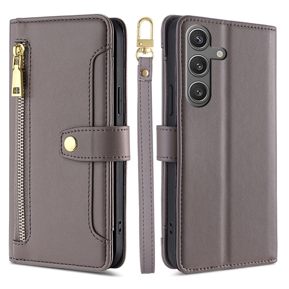For Samsung Galaxy S25 5G Sheep Texture Cross-body Zipper Wallet Leather Phone Case(Grey)