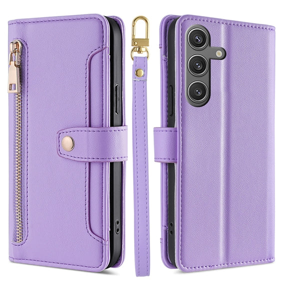For Samsung Galaxy S25 5G Sheep Texture Cross-body Zipper Wallet Leather Phone Case(Purple)
