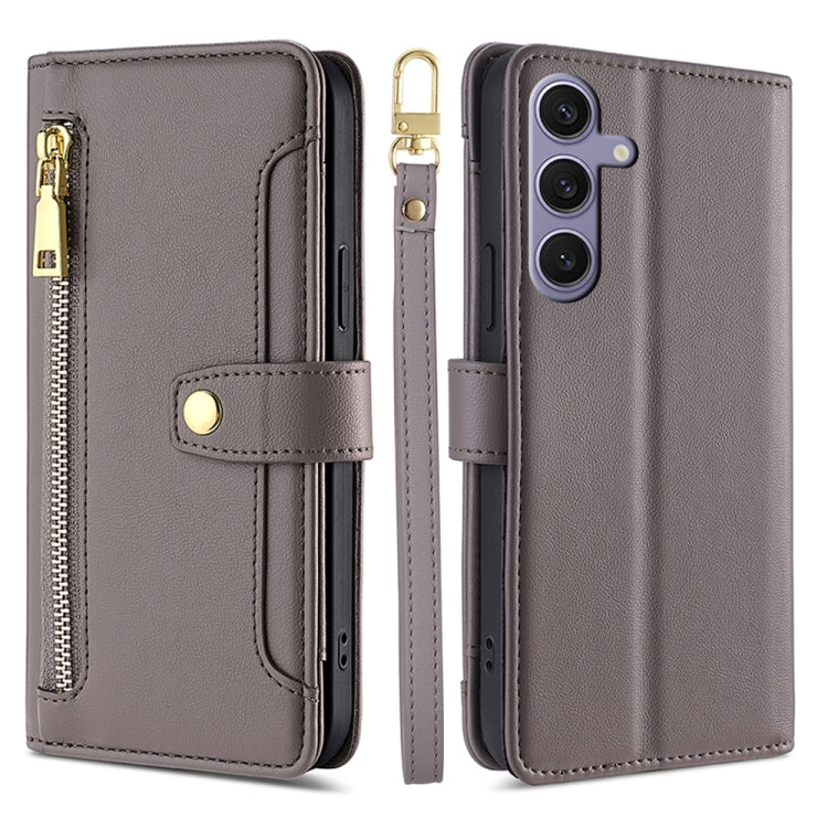 For Samsung Galaxy S25+ 5G Sheep Texture Cross-body Zipper Wallet Leather Phone Case(Grey)