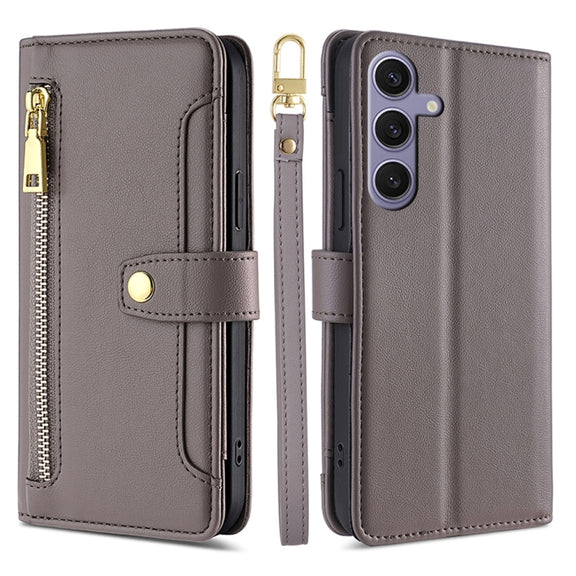 For Samsung Galaxy S25+ 5G Sheep Texture Cross-body Zipper Wallet Leather Phone Case(Grey)
