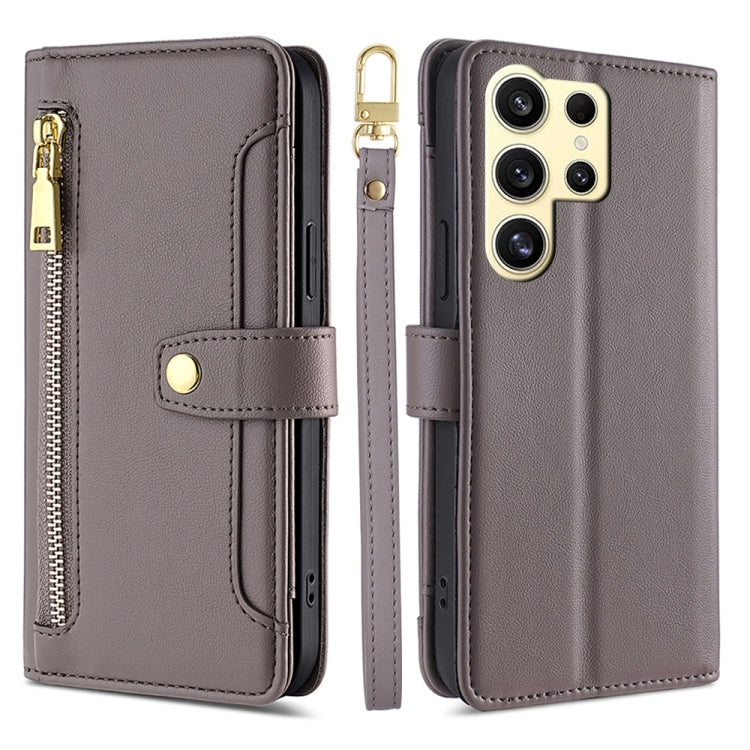 For Samsung Galaxy S25 Ultra 5G Sheep Texture Cross-body Zipper Wallet Leather Phone Case(Grey)