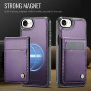 For iPhone 16e JEEHOOD J06 British Style RFID MagSafe Card Bag PU Phone Case(Purple)