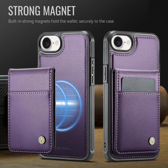 For iPhone 16e JEEHOOD J06 British Style RFID MagSafe Card Bag PU Phone Case(Purple)