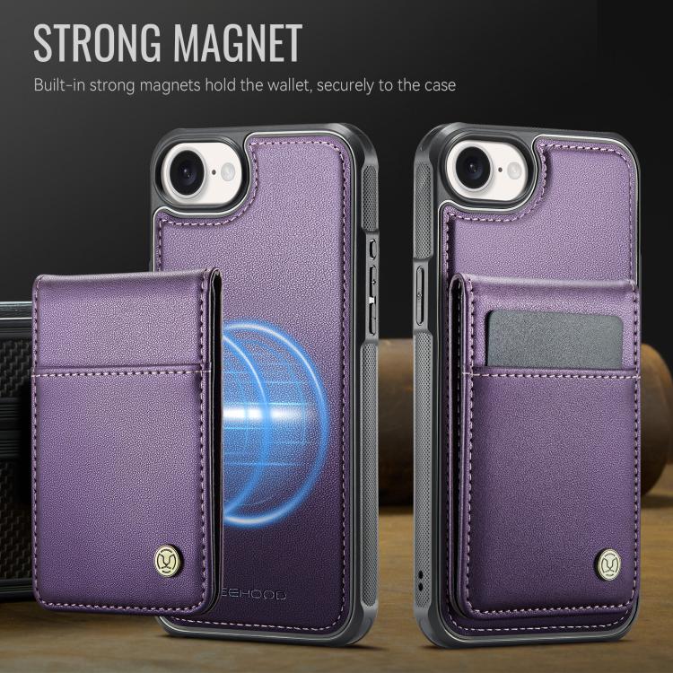 For iPhone 16e JEEHOOD J06 British Style RFID MagSafe Card Bag PU Phone Case(Purple)