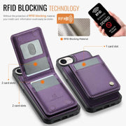 For iPhone 16e JEEHOOD J06 British Style RFID MagSafe Card Bag PU Phone Case(Purple)