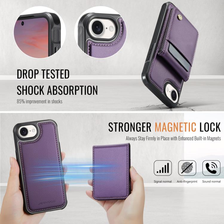 For iPhone 16e JEEHOOD J06 British Style RFID MagSafe Card Bag PU Phone Case(Purple)