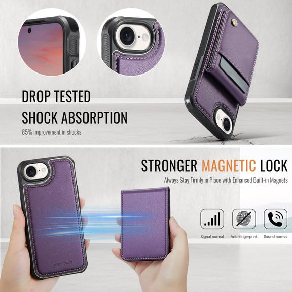 For iPhone 16e JEEHOOD J06 British Style RFID MagSafe Card Bag PU Phone Case(Purple)