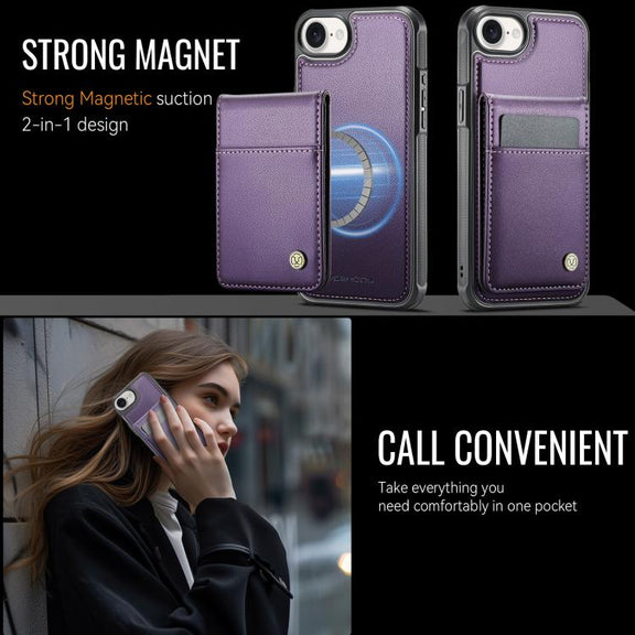 For iPhone 16e JEEHOOD J06 British Style RFID MagSafe Card Bag PU Phone Case(Purple)