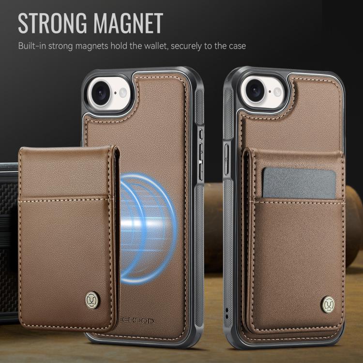 For iPhone 16e JEEHOOD J06 British Style RFID MagSafe Card Bag PU Phone Case(Brown)