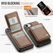 For iPhone 16e JEEHOOD J06 British Style RFID MagSafe Card Bag PU Phone Case(Brown)