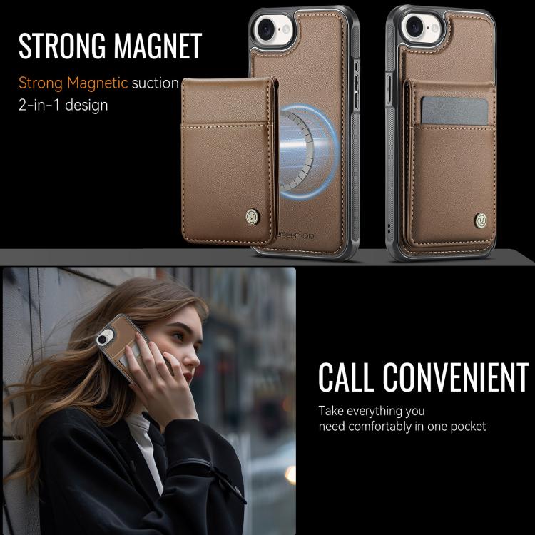 For iPhone 16e JEEHOOD J06 British Style RFID MagSafe Card Bag PU Phone Case(Brown)