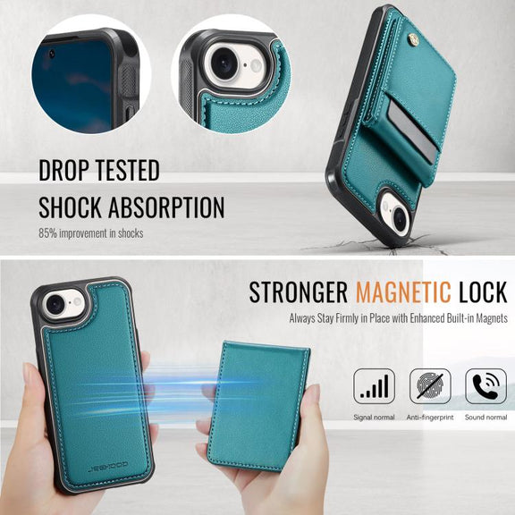 For iPhone 16e JEEHOOD J06 British Style RFID MagSafe Card Bag PU Phone Case(Green)