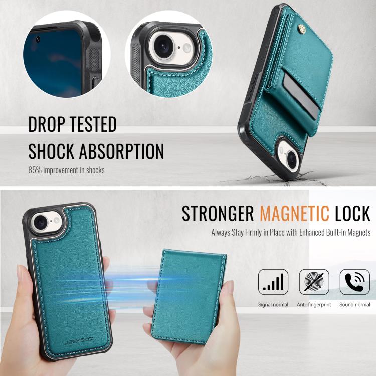 For iPhone 16e JEEHOOD J06 British Style RFID MagSafe Card Bag PU Phone Case(Green)