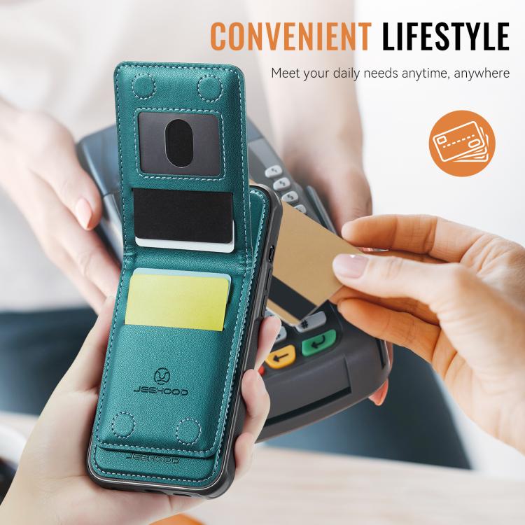 For iPhone 16e JEEHOOD J06 British Style RFID MagSafe Card Bag PU Phone Case(Green)