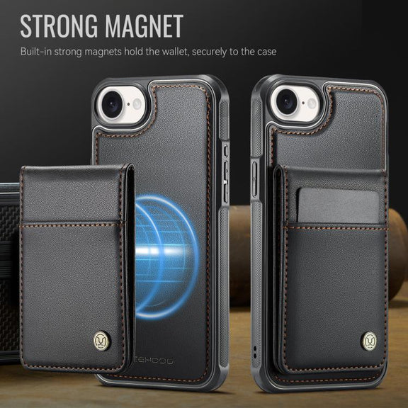 For iPhone 16e JEEHOOD J06 British Style RFID MagSafe Card Bag PU Phone Case(Black)