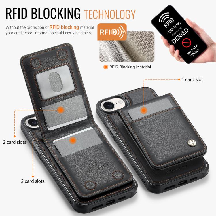 For iPhone 16e JEEHOOD J06 British Style RFID MagSafe Card Bag PU Phone Case(Black)