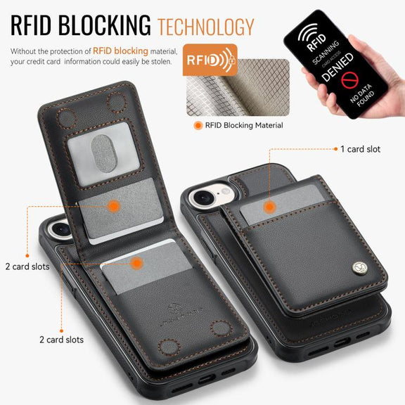 For iPhone 16e JEEHOOD J06 British Style RFID MagSafe Card Bag PU Phone Case(Black)