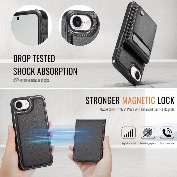 For iPhone 16e JEEHOOD J06 British Style RFID MagSafe Card Bag PU Phone Case(Black)