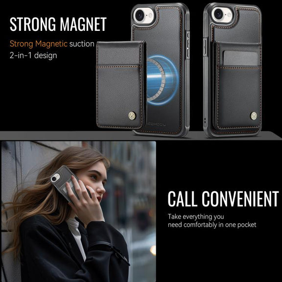 For iPhone 16e JEEHOOD J06 British Style RFID MagSafe Card Bag PU Phone Case(Black)