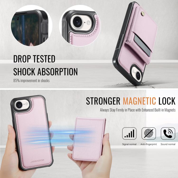 For iPhone 16e JEEHOOD J06 British Style RFID MagSafe Card Bag PU Phone Case(Pink)