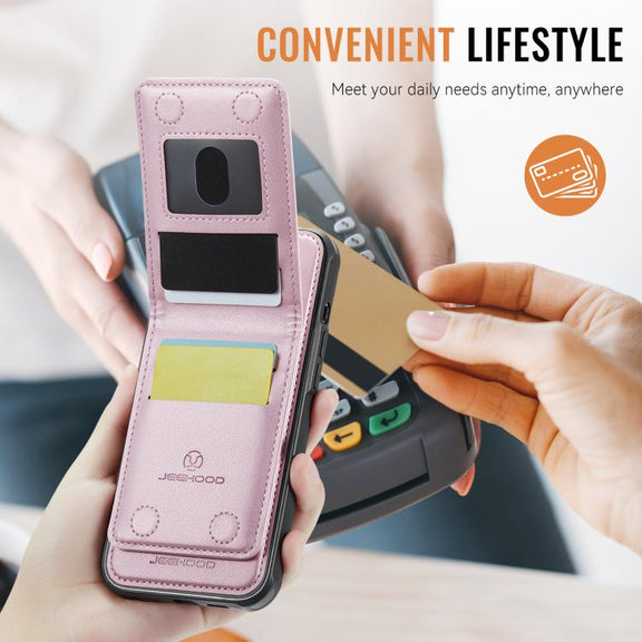 For iPhone 16e JEEHOOD J06 British Style RFID MagSafe Card Bag PU Phone Case(Pink)
