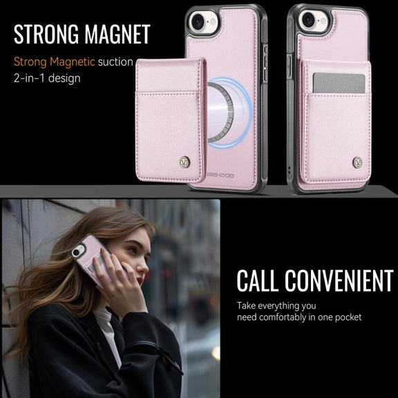 For iPhone 16e JEEHOOD J06 British Style RFID MagSafe Card Bag PU Phone Case(Pink)