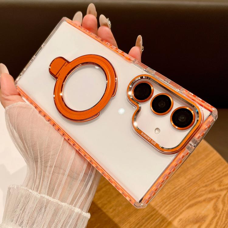 For Samsung Galaxy S25 5G Transparent MagSafe Holder Phone Case with Lens Film(Orange)