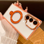 For Samsung Galaxy S25 5G Transparent MagSafe Holder Phone Case with Lens Film(Orange)