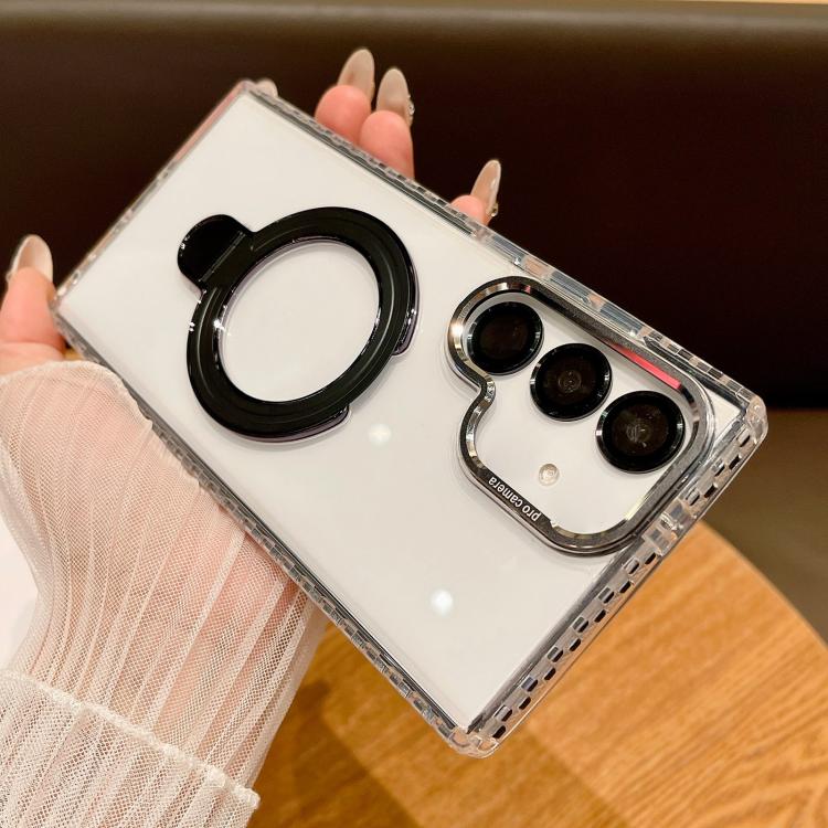 For Samsung Galaxy S25+ 5G Transparent MagSafe Holder Phone Case with Lens Film(Black)
