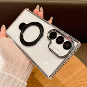 For Samsung Galaxy S25+ 5G Transparent MagSafe Holder Phone Case with Lens Film(Black)