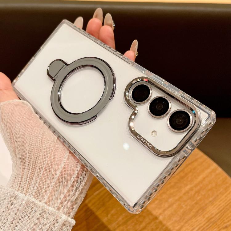 For Samsung Galaxy S25+ 5G Transparent MagSafe Holder Phone Case with Lens Film(Grey)