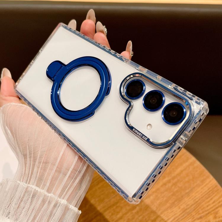 For Samsung Galaxy S25+ 5G Transparent MagSafe Holder Phone Case with Lens Film(Blue)