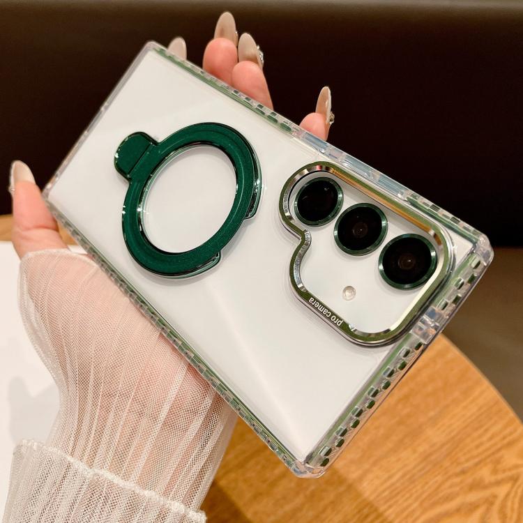 For Samsung Galaxy S25+ 5G Transparent MagSafe Holder Phone Case with Lens Film(Green)