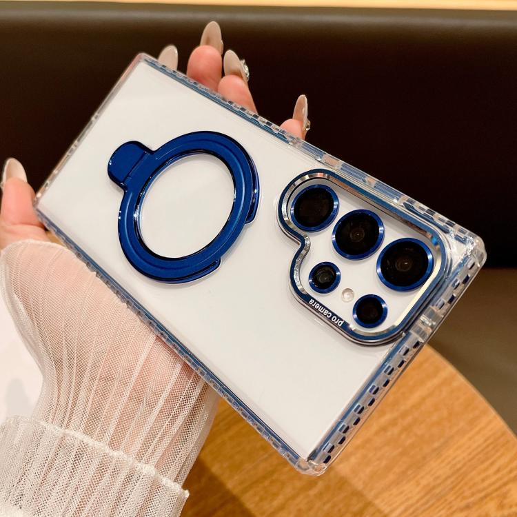 For Samsung Galaxy S25 Ultra 5G Transparent MagSafe Holder Phone Case with Lens Film(Blue)