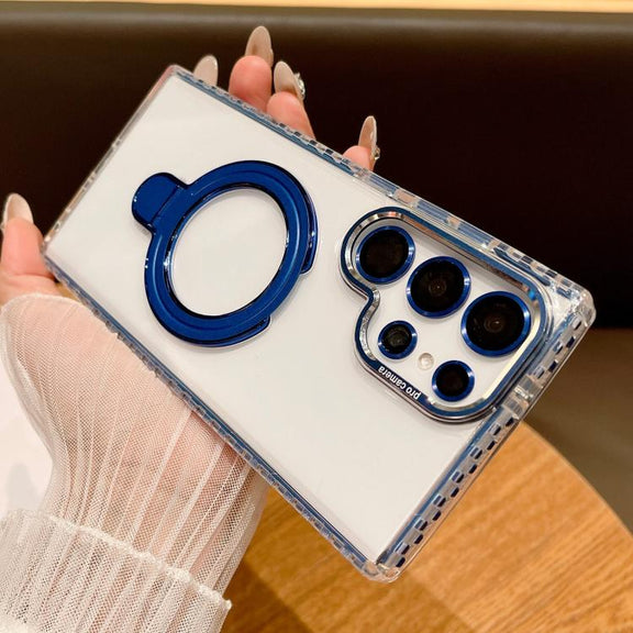For Samsung Galaxy S25 Ultra 5G Transparent MagSafe Holder Phone Case with Lens Film(Blue)