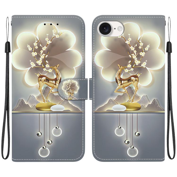 For iPhone 16e Crystal Texture Colored Drawing Leather Phone Case(Sika Deer)