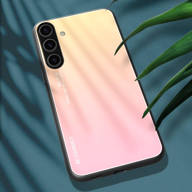 For Samsung Galaxy S25 5G Gradient Color Glass Phone Case(Yellow Pink)