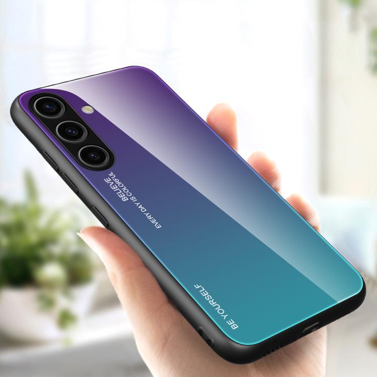 For Samsung Galaxy S25+ 5G Gradient Color Glass Phone Case(Aurora Blue)