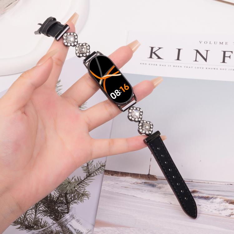 For Xiaomi Smart Band 9 / 8 Metal Diamond Leather Bracelet Watch Band(Black)