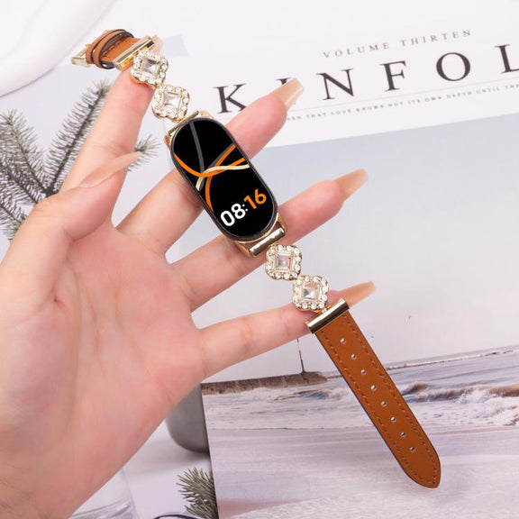 For Xiaomi Smart Band 9 / 8 Metal Diamond Leather Bracelet Watch Band(Gold Brown)