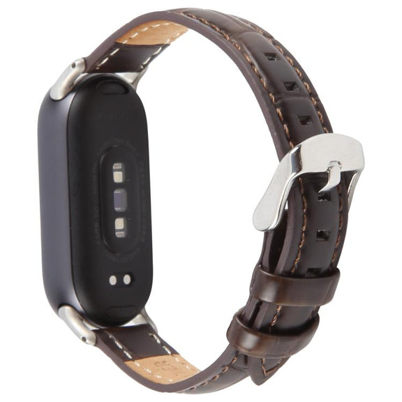 For Xiaomi Smart Band 9 / 8 Silver Metal Connector Genuine Leather Watch Band(Bamboo Joint Coffee)