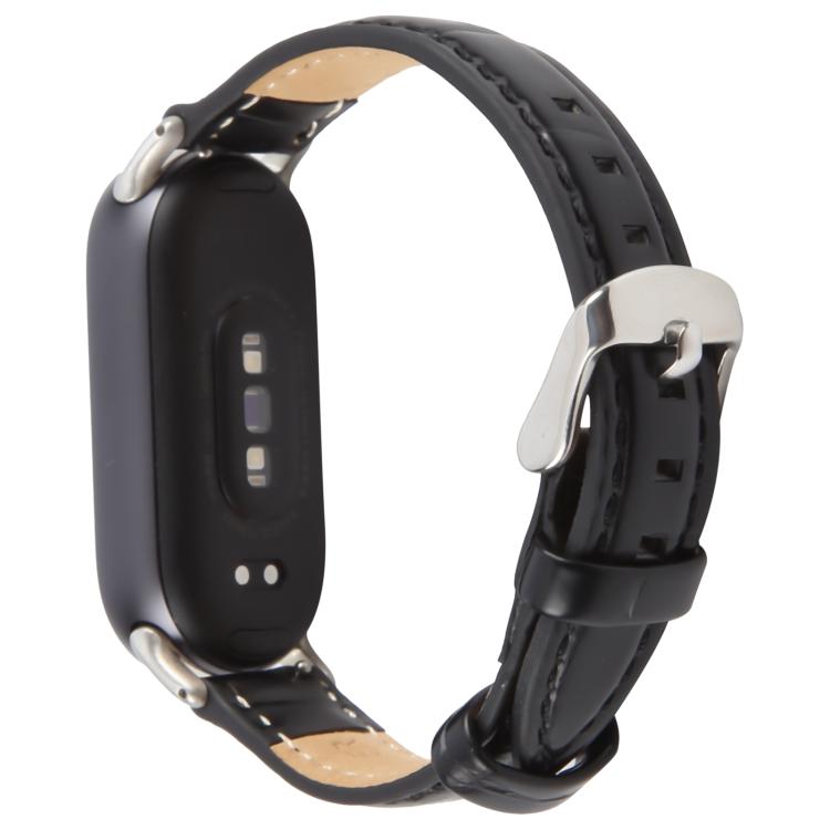 For Xiaomi Smart Band 9 / 8 Silver Metal Connector Genuine Leather Watch Band(Bamboo Joint Black)