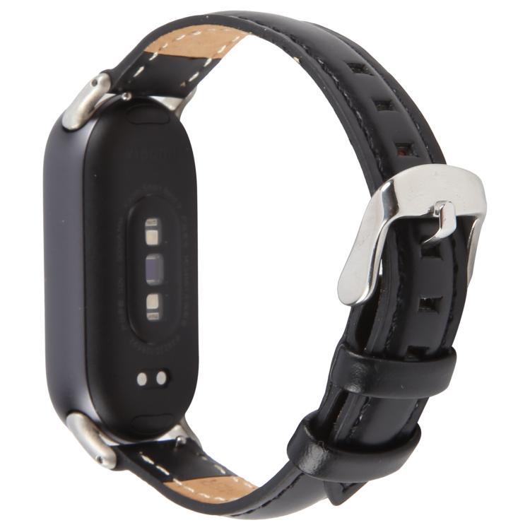 For Xiaomi Smart Band 9 / 8 Silver Metal Connector Genuine Leather Watch Band(Black)
