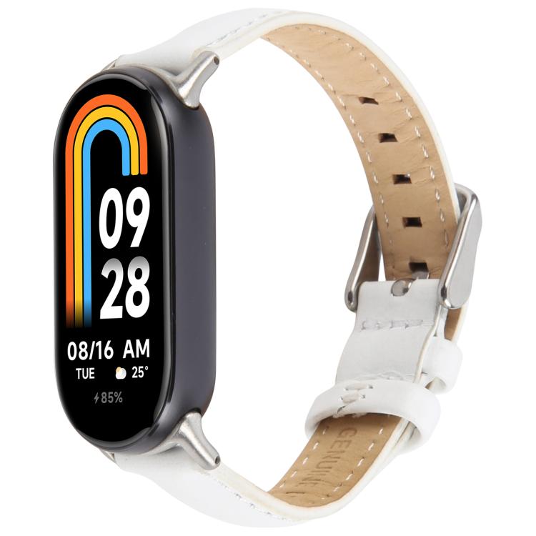 For Xiaomi Smart Band 9 / 8 Silver Metal Connector Genuine Leather Watch Band(White)