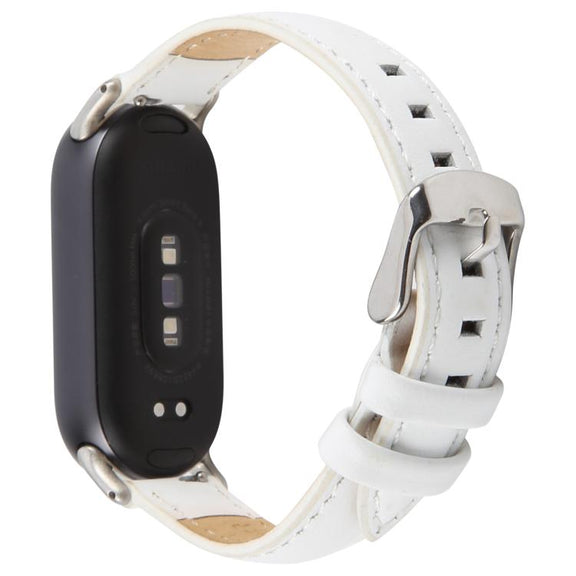 For Xiaomi Smart Band 9 / 8 Silver Metal Connector Genuine Leather Watch Band(White)