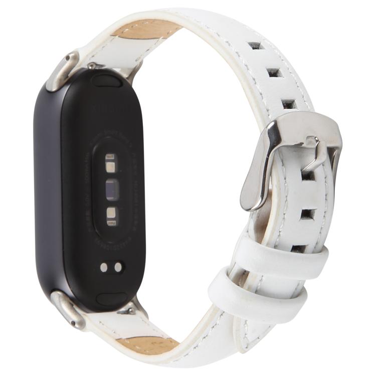 For Xiaomi Smart Band 9 / 8 Silver Metal Connector Genuine Leather Watch Band(White)
