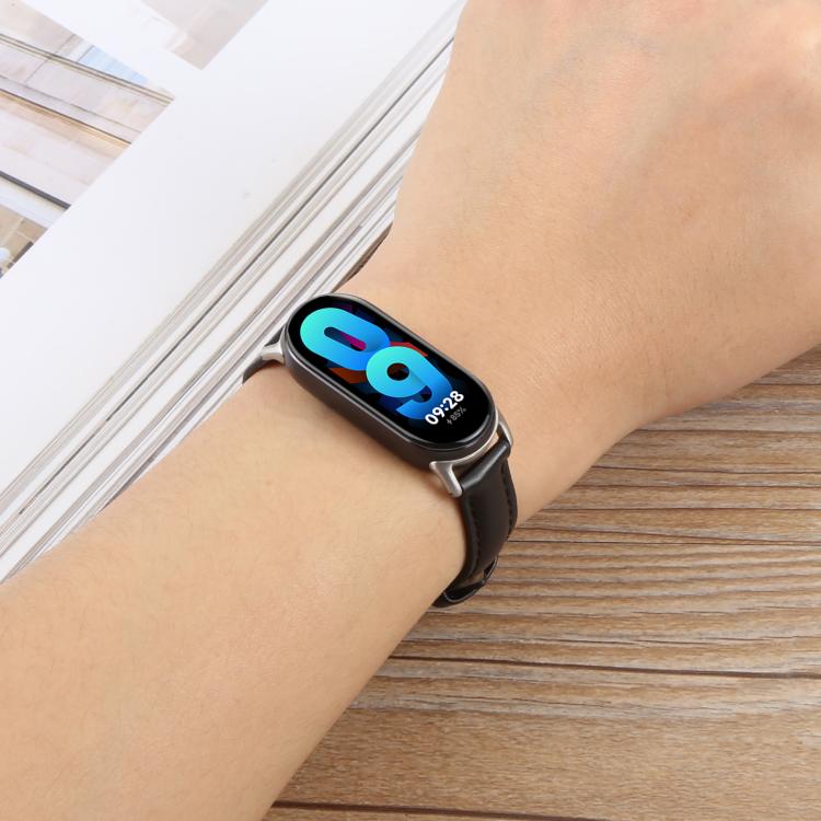 For Xiaomi Smart Band 9 / 8 Silver Metal Connector Genuine Leather Watch Band(Black)